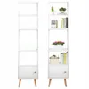 Two white Scandinavian loft-style standing bookshelves are shown side-by-side against a white background. The bookshelf on the right is decorated with books, plants, and a basket. Produktbild-Vorschau