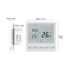 A white smart thermostat with a digital LCD screen displaying temperature and time, shown from the front and side with dimensions indicated. Náhľad obrázku produktu