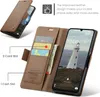A brown leather wallet-style phone case is shown open, displaying card slots and a phone screen with a lighthouse image. Produktbild-Vorschau
