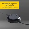 A close-up of a Jabra headset control unit with marketing text in a yellow box. Voir les images du produit