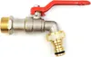 A close-up studio shot of a brass and chrome water tap with a red handle against a white background. Produktbild-Vorschau