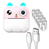 A pink toy camera with cat ears, along with rolls of thermal paper and USB cables, is displayed against a white background. Anteprima dell’immagine prodotto