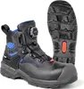 A pair of black safety boots is shown against a white background, with one boot standing upright and the sole of the other boot displayed separately. Produktbild-Vorschau