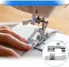 A close-up shot of a sewing machine foot attachment in use, with a hand guiding fabric through it. An inset shows a separate view of the attachment. Produktbild-Vorschau