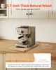 A countertop scene showing an espresso machine on a wooden sliding board, with text overlays providing product details. Anteprima dell’immagine prodotto