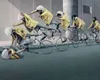 Multiple instances of a person wearing a yellow jacket and white helmet, cycling and falling, are superimposed in a sequence. Produktbild-Vorschau