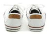 A pair of white low-top sneakers with brown accents and red and blue stripes on the soles, shown from the back. Produktbild-Vorschau