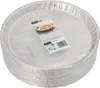 A stack of round aluminum pizza pans wrapped in plastic. Produktbild-Vorschau