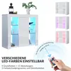 A white high-gloss sideboard with glass shelves illuminated by adjustable LED lights, shown with different color options and a remote control. Anteprima dell’immagine prodotto
