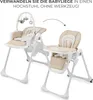 Two high chairs are shown, one in a reclined baby lounger configuration with a mobile, and the other in a standard high chair configuration with a tray. An arrow indicates the transformation between the two states. Produktbild-Vorschau
