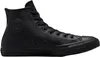 A black leather high-top Converse Chuck Taylor sneaker is shown against a white background. Produktbild-Vorschau