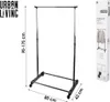 A clothing rack with dimensions indicated, shown against a white background. A product box with an image of the clothing rack is visible on the right. Produktbild-Vorschau