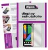 A collage showing instructions for applying a screen protector and a product shot of a phone with a screen protector. Produktbild-Vorschau