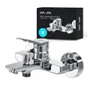 A chrome-finished bathtub faucet is shown in the foreground, with its packaging in the background. Produktbild-Vorschau