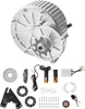 A collection of electric bike conversion kit components, including a motor, controller, chain, sprockets, and mounting hardware, arranged on a white background. Produktbild-Vorschau