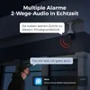 A security camera is shown mounted on a building, with a person in the foreground and speech bubbles indicating communication. Produktbild-Vorschau
