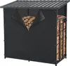 A black metal firewood rack with a metal roof, filled with firewood. The front of the rack has a black fabric cover with a zippered opening revealing some of the firewood inside. Voir les images du produit