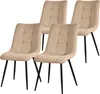 Four beige dining chairs with black metal legs are arranged in a group against a white background.
