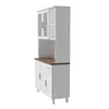 A white and wood grain kitchen hutch with glass doors shown from the side. Podgląd zdjęcia produktu