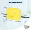 A yellow steam cleaner with dimensions indicated by lines and text, placed on a white surface that resembles a bed or couch. Produktbild-Vorschau