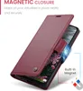 A red leather phone case is shown open, displaying the phone screen with a floral image. Text overlays describe the magnetic closure feature. Produktbild-Vorschau