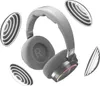 A pair of gray wireless gaming headphones with glowing circular sound wave graphics around them. Produktbild-Vorschau
