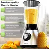 A blender with a glass container filled with a yellow smoothie, surrounded by mangoes and a jar of smoothie. Text overlays describe product features. Produktbild-Vorschau