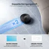 A robot vacuum cleaner is shown on a floor with a graphic illustrating its cleaning path and effectiveness compared to another method. Produktbild-Vorschau