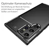 A close-up of a black phone case with a carbon fiber texture, highlighting the camera protection. Produktbild-Vorschau