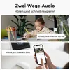 A split image showing a girl drawing and a hand holding a smartphone displaying a security camera feed. Produktbild-Vorschau