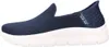 A side view of a navy blue Skechers slip-on shoe with a white sole. Produktbild-Vorschau