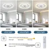 Collage showing a ceiling fan with light in a bedroom under different lighting conditions (white, natural, warm). Also includes a remote control and diagrams explaining light and brightness adjustments. Produktbild-Vorschau