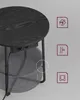 A close-up of a round side table with integrated power outlets, showing the table top and a storage basket underneath. Icons illustrating features are on the right. Produktbild-Vorschau