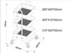 A technical drawing of a three-tier rolling cart with dimensions indicated. Anteprima dell’immagine prodotto