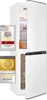 A white refrigerator with its door open, displaying food items inside. Two award badges are placed on the left side of the refrigerator. Produktbild-Vorschau