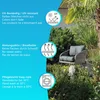 A lifestyle shot of outdoor furniture cushions in a garden setting, with informational text overlays. Produktbild-Vorschau