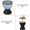 A collage of images showing a black rattan-look cooler table with a silver top, filled with ice and bottles, and text describing its features. Produktbild-Vorschau