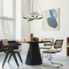 A dining room scene with a round wooden table, chairs, and a modern chandelier. Produktbild-Vorschau