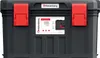 A black tool box with red clasps and a label on the front. Produktbild-Vorschau