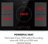A black induction hob with glowing red wattage indicators and descriptive text below. Náhľad obrázku produktu