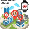 A stylized isometric illustration of a city with buildings, trees, clouds, and location pins indicating children's positions. A smartwatch is shown in the upper right corner. Produktbild-Vorschau
