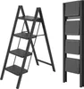 A black folding step ladder is shown in two configurations: open and folded. Voir les images du produit