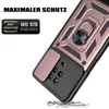 Close-up of a rose gold and black phone case with a ring holder and camera cover, with marketing text and a certification badge. Produktbild-Vorschau
