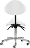 A white saddle stool with a backrest on a chrome base with wheels, isolated on a white background. Produktbild-Vorschau