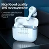 A pair of white wireless earbuds and their charging case are displayed on a dark surface with a blue gradient background. Produktbild-Vorschau