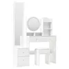 A white vanity table with a large mirror, a round LED mirror, drawers, and a stool, all set against a white background. Produktbild-Vorschau