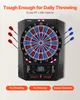 A VEVOR electronic dartboard is shown with darts inserted and surrounding it. Text overlays highlight product features. Produktbild-Vorschau