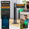 Collage showing a tower fan, a woman interacting with a smart speaker, and a man using a smartphone, with app interface screenshots and text overlays about smart features. Produktbild-Vorschau