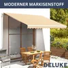An outdoor patio scene with a striped awning over a window, a table and chairs, and a grill. Produktbild-Vorschau