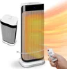 A hand holds a remote control towards a white and gray oscillating ceramic heater with a glowing orange heating element. Another view of the heater is shown in the background.